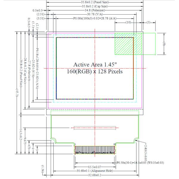 Full Color 1.45 Inch AMOLED Display UG-6028GDEEF01 SSD1333 Controller 160x128 Passive Matrix 30 Pins ZIF Connection For Medical Device
