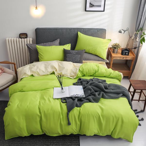 Contrast Color 4 Pcs Microfiber Bedding Set Solid Green Duvet Cover for King Size Bed