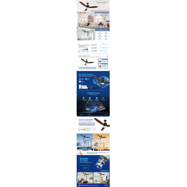 220V/50Hz Input Voltage 52inch Ceiling Fan with Light LED Light Source and Remote Control