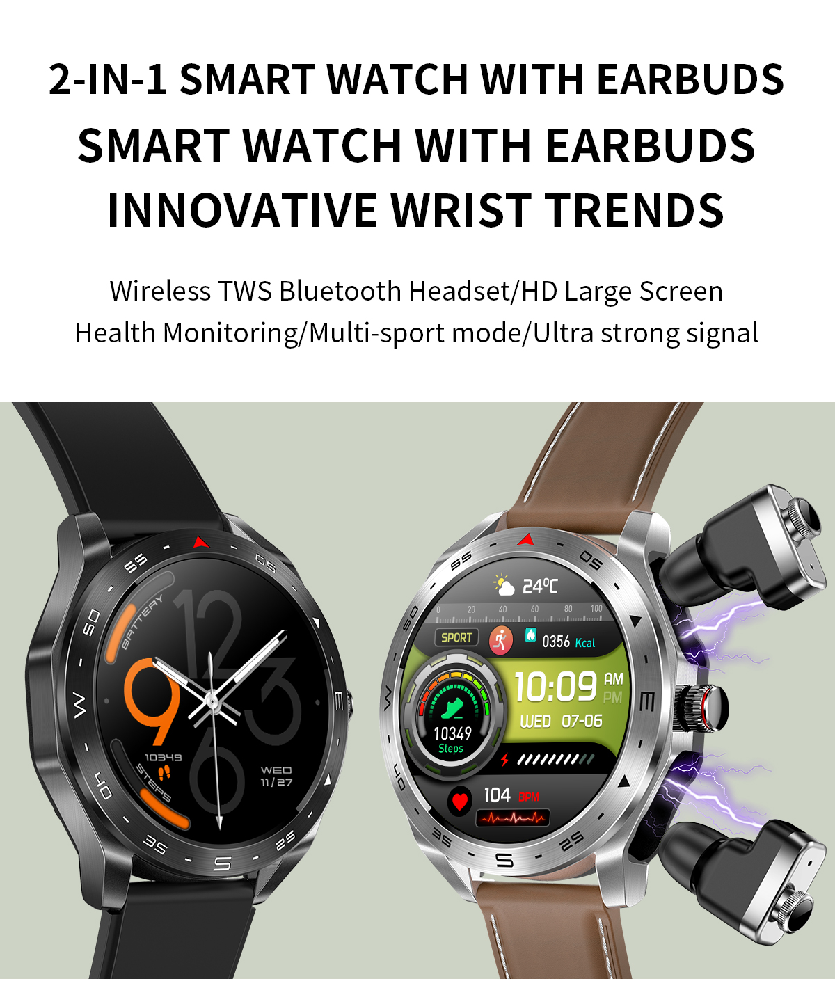 IPS Screen IP67 Waterproof Wireless Earphone Smart Watch Music Bracelet 1.52 Quot