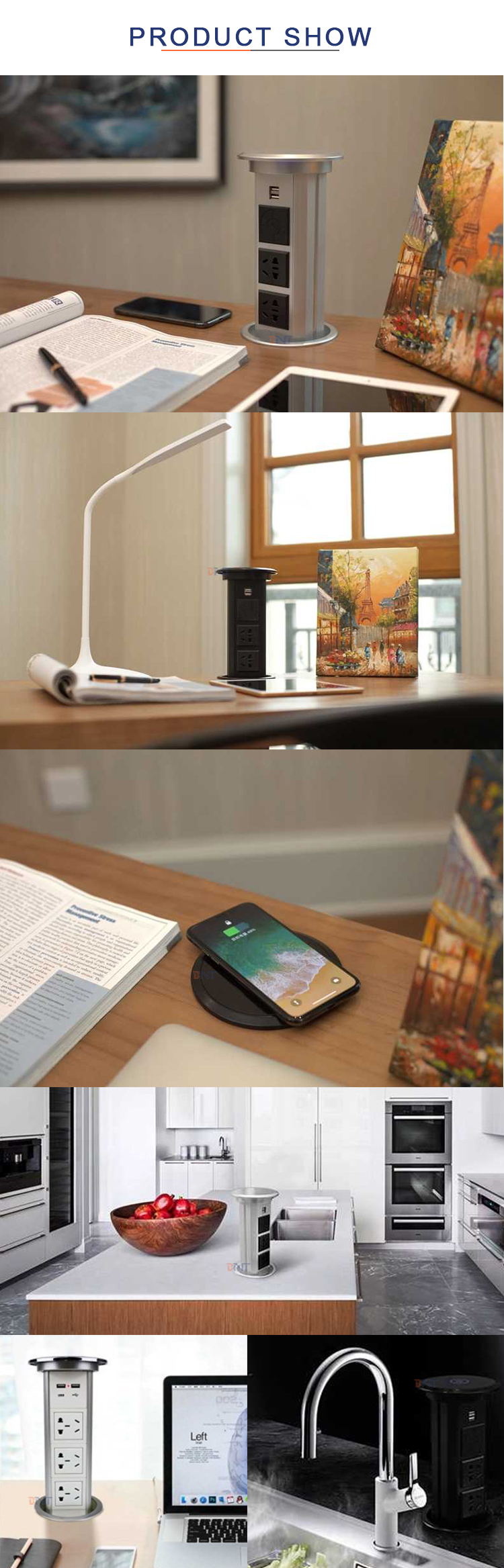2020 New Design conference desktop motorized pop up socket with USB wireless charger