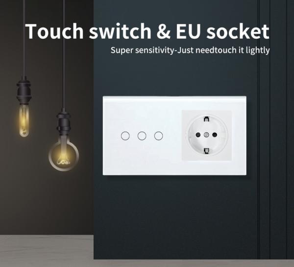 Quality Touch Switch Socket 3 Gang Wall Mounted with LED Indicator On blue Off red for sale