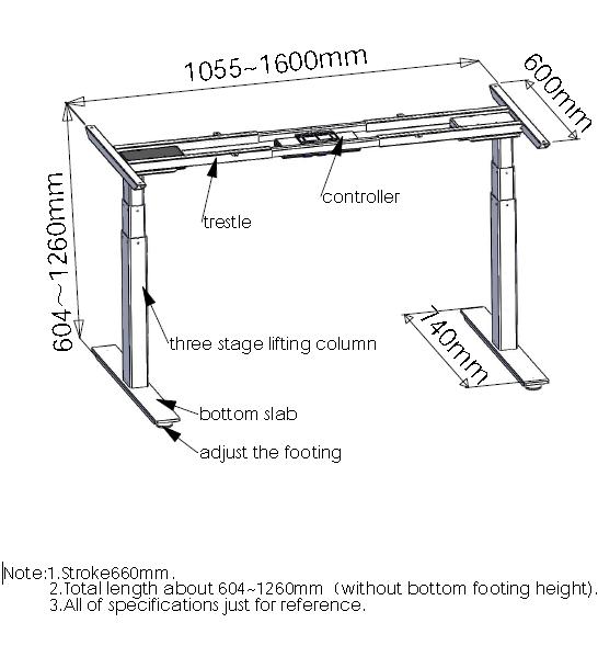 electric 2 segment desk leg for standing office desk, back to back height adjustable desk fram