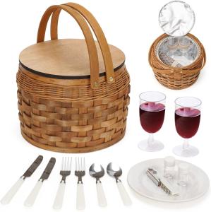China Small Picnic Baskets with Insulated Cooler, Picnic Basket Hamper for 2, Woodchip Wicker Basket, Including 2 Sets on sale