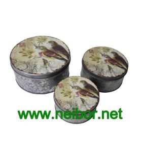 Vintage look antique finish round galvanized tin box set with label
