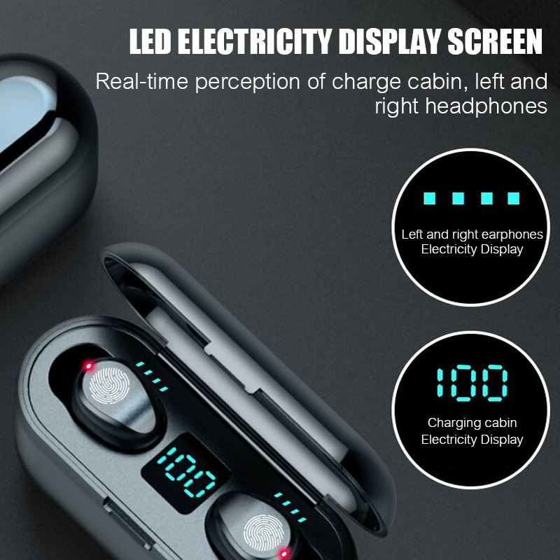 Wireless Earphone Bluetooth V5.0 F9 Tws Wireless Bluetooth LED Display Headphone (With 2000mAh Power Bank Headset, With Microphone)