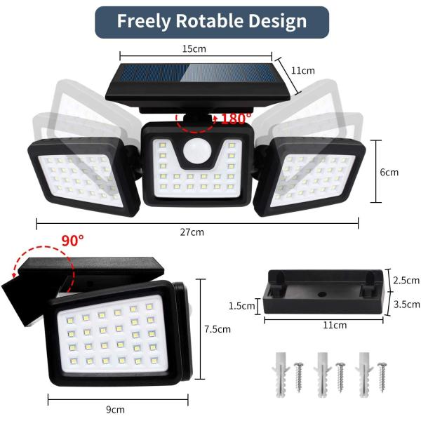 72LED IP65 3 Head Solar Security Light With Motion Sensor 360 Degree