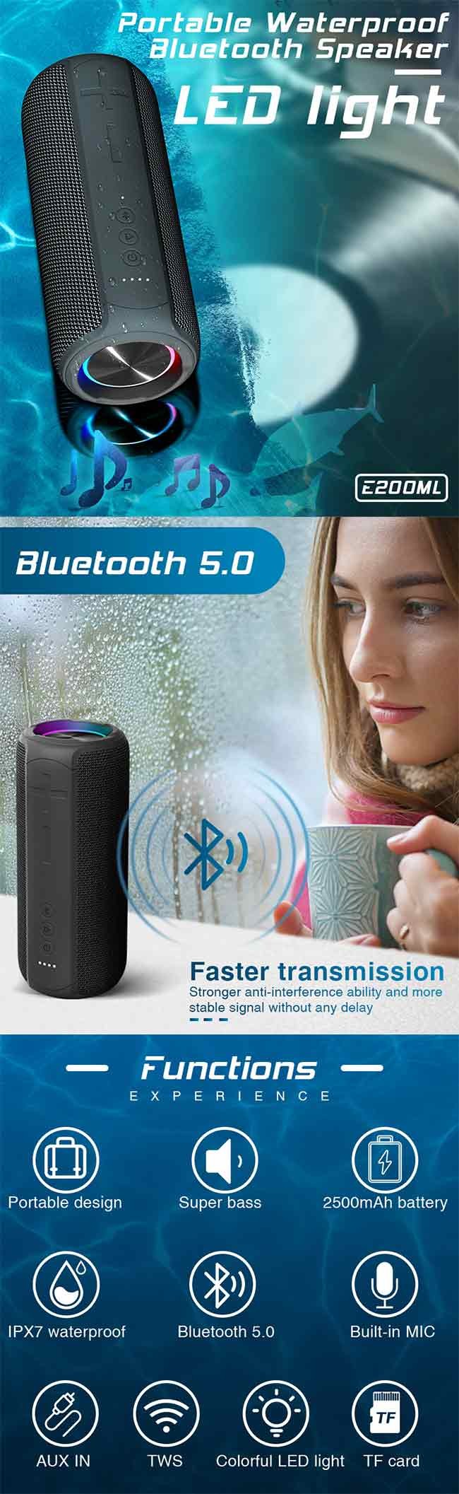 Hands Free Calling Function LED Bluetooth Speaker With 2200mAh Battery Capacity