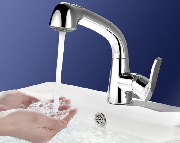 Quality Simple Pull Out Rotary Hot Cold Bathroom Basin Faucet for sale