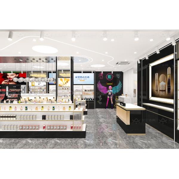 Beauty Shop Interior Design Black Gold Laminated Board Cosmetic Display Rack for Retail Store Display and Skincare Shop Decoration