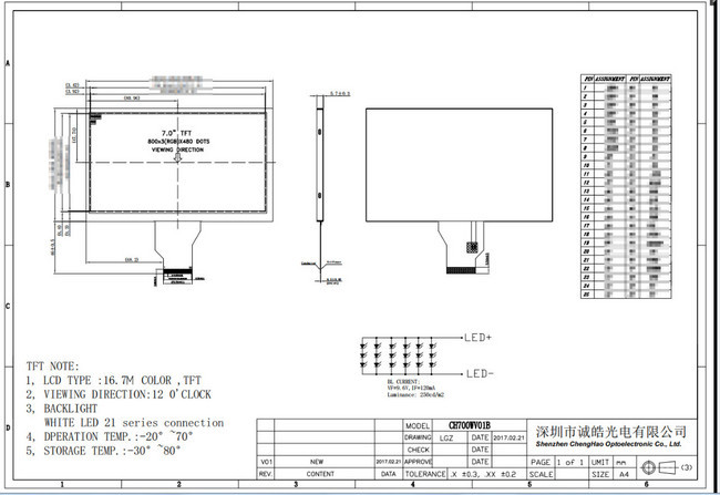 7" 250cd/m2 Lcd Display Module 800x480 CH700WV01 Spi Mini Lcd Display