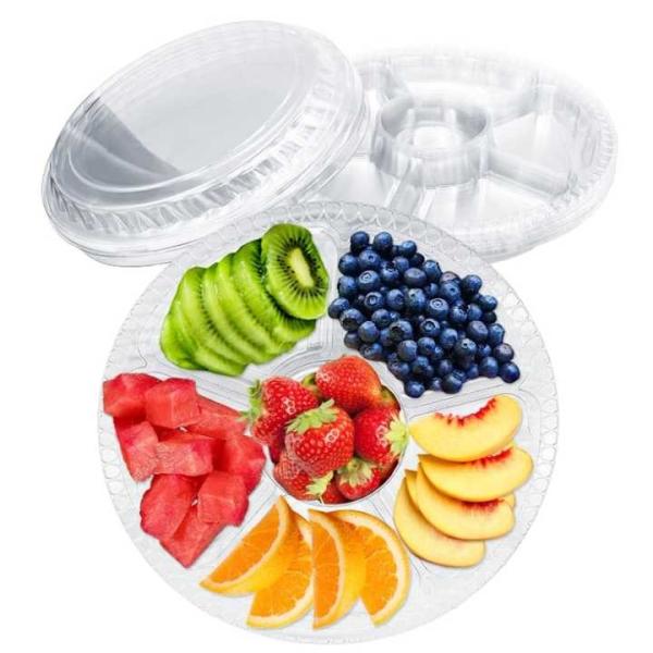 10 Inch Disposable Divided Plastic Food Tray Platter Appetizer Tray With Lid Round Plastic Serving Tray