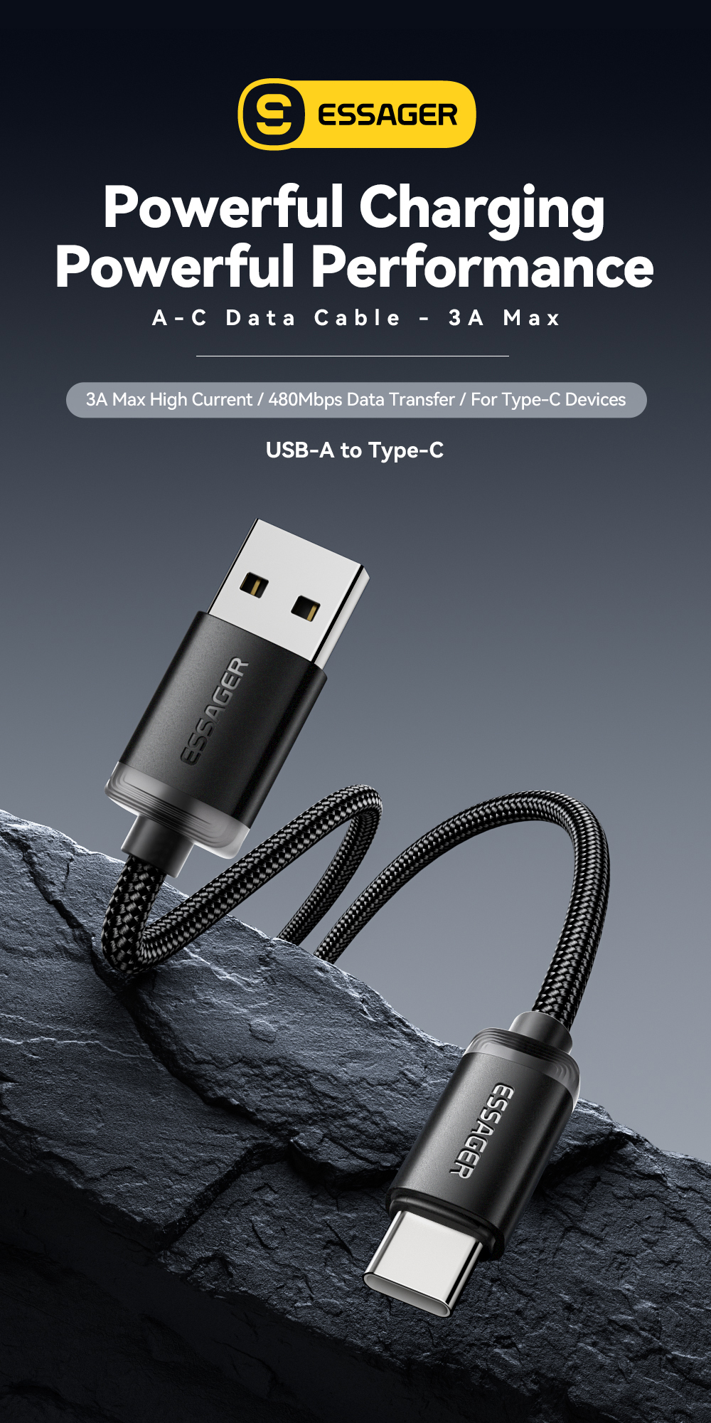 Braid Shielding USB A To C Cable USB C Charging Cord 60W 1m 2m 3m