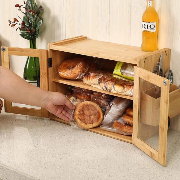 Direct 2 Tier Wall Mounted Bamboo Bread Box with Clear Window and Silverware Holder