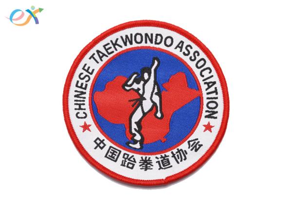 Merrowed Border Custom Woven Patches Round Shape Polyester Material Size