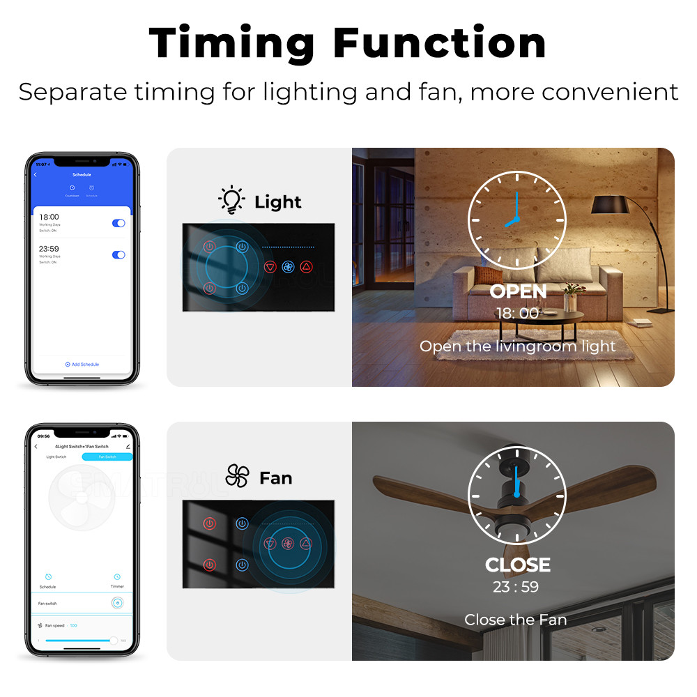 Tuya WiFi Smart Light 4 gang Switch Ceiling Fan Speed Control​​ Timer Voice Power Monitor Support Alexa Google Home Tmall Genie 100-240V
