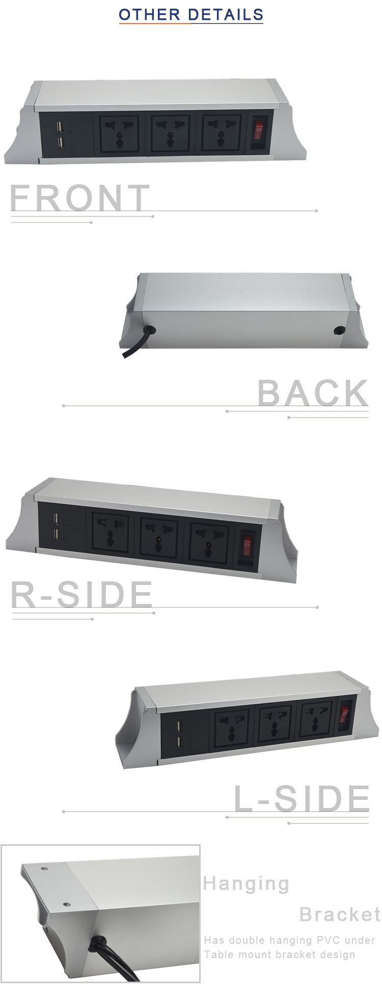 Furniture under table power socket with double usb charger for office power data solution