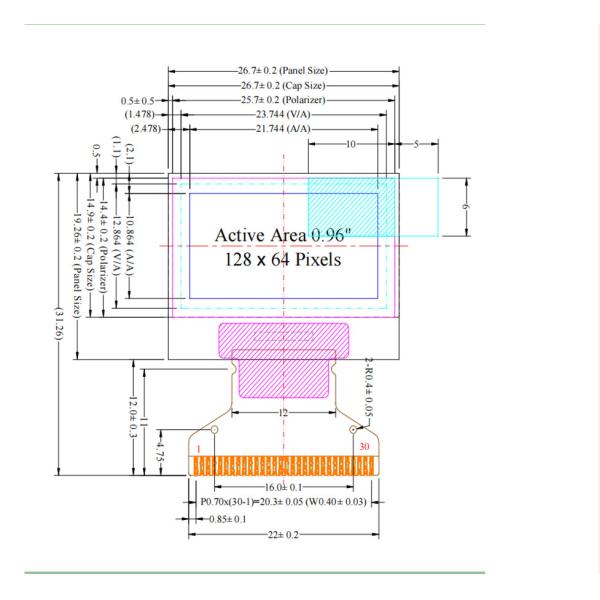 0.96 Inch PMOLED Display ,128x64 Resolution, 30pins 4 Wire SPI /I2C Interface, Driving IC SSD1306