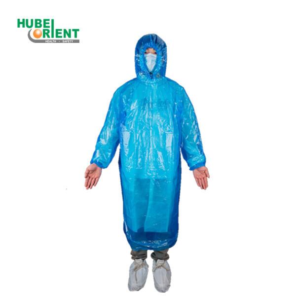 Quality Blue/White Elastic Cuffs Hooded PE Plastic Disposable Raincoat Waterproof for sale