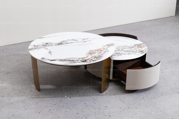 Quality Round Nesting SS Coffee Table With Storage Marble Top Brushed Gold Set Of 2 for sale