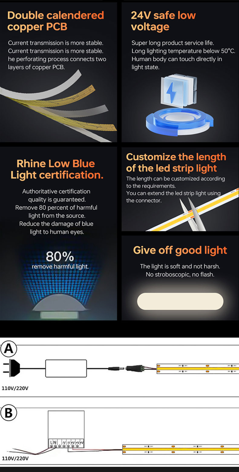 SL- COB-03208DB 8mm PCB Width 180 Degree Viewing Angle Blue LED Light Strip
