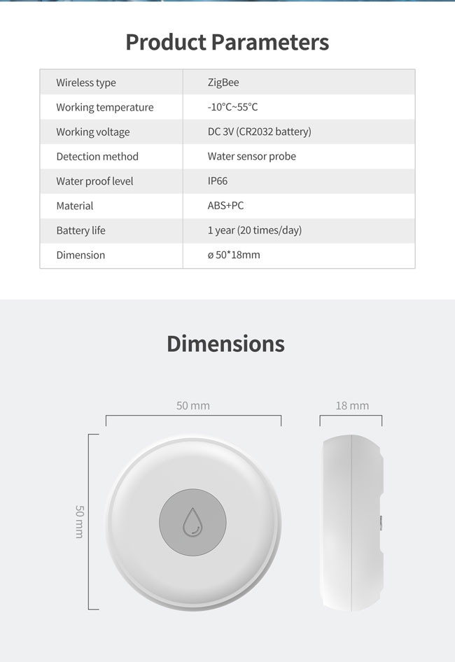 ABS Tuya Zigbee Flood Sensor 2.4GHz Battery Powered DC 3V