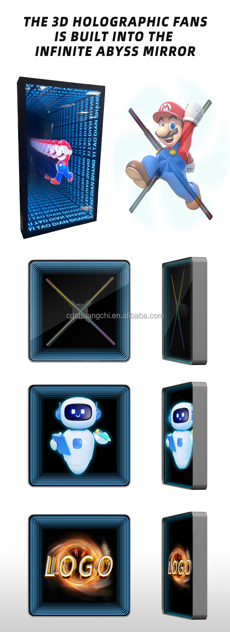 LED Strips Light Source Multi-Layer Mirror Holographic Fan with 12V Input Voltage