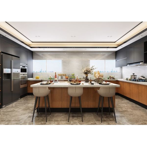 Dark Wood Grain Stainless Steel Kitchen Cabinets with Quartz Countertop