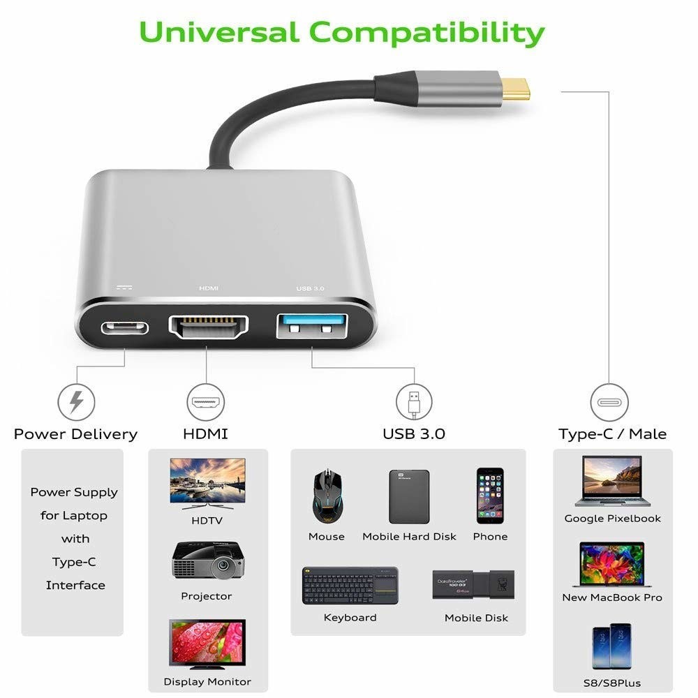 USB C to Digital Multiport Hub Adapter Type-C to 4K Adapter with USB 3.0 USB-C 3.1 for MacBook 12