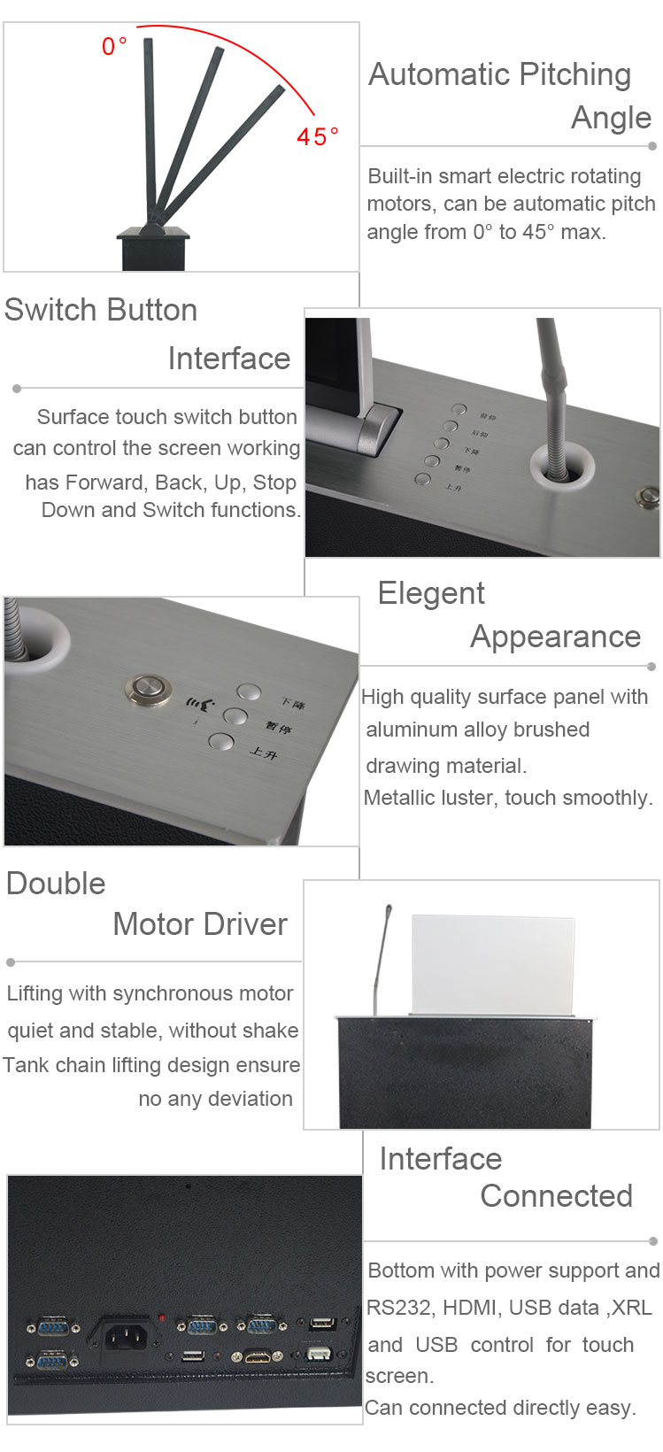Conference system motorized lcd monitor lift mechanism with discussion microphone