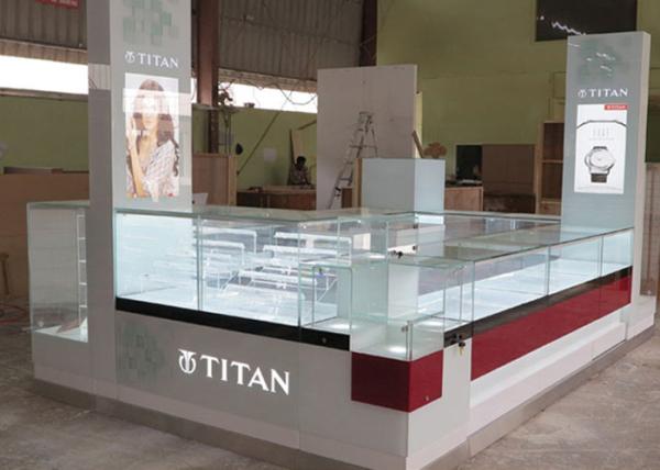 Quality Watch Custom Mall Kiosk Crystal Glass Combine Wood With LED Spot Lights for sale