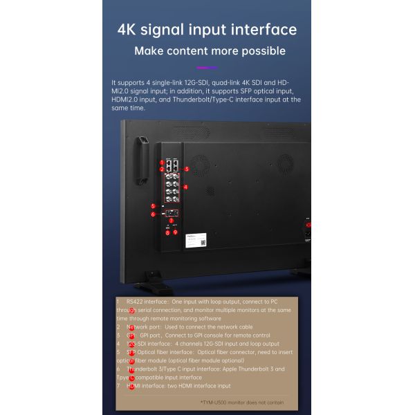 TYSTVideo 50" 4K 8K Ultra-HD Resolution SFP Input Broadcast Director Monitor for CCTV Monitoring Making Movies