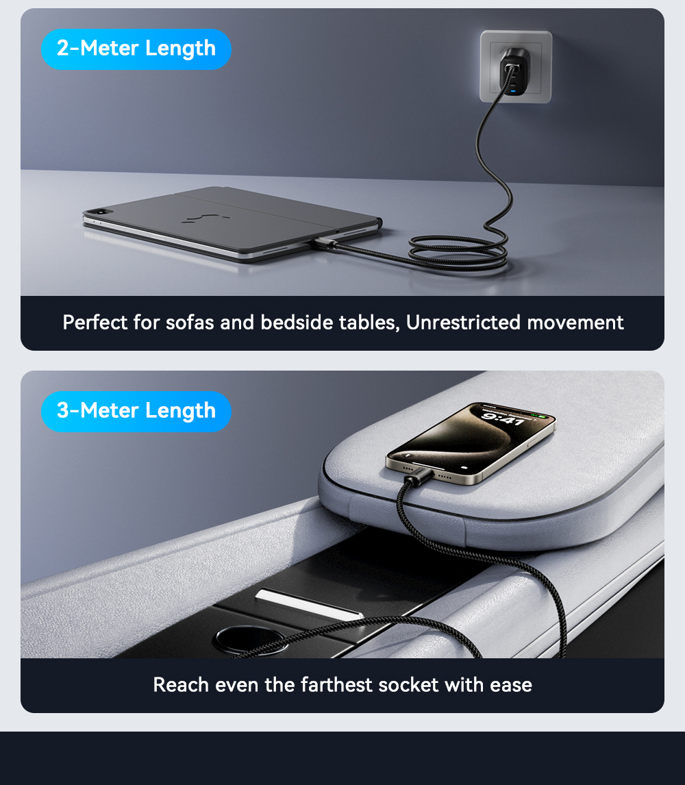 Braid Shielding USB A To C Cable USB C Charging Cord 60W 1m 2m 3m