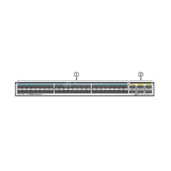 the rear (port side) panel of CE6851-48S6Q-HI-B Huawei CE6851 HI Switch 48 Port 10G SFP + Port side Intake Support for Fiber Channel over Ethernet (FCoE)