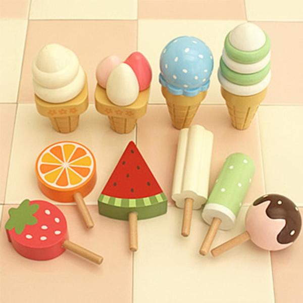Quality Realistic Simulation Wooden Magnetic Ice Cream Toy With Display Stand for sale