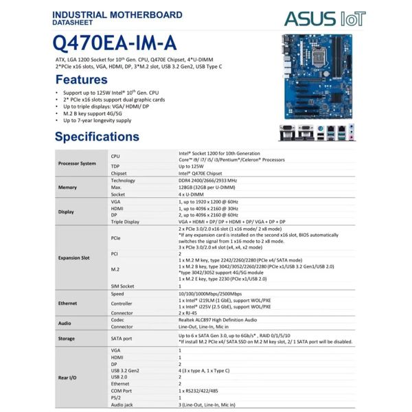 LGA1200 Socket Industrial Motherboard For 10th Processors 5G For ASUS Q470EA-IM-A