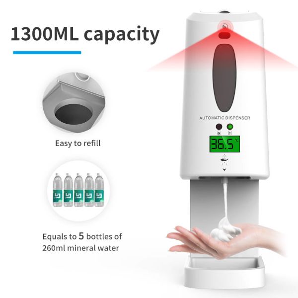 White 1300ml Touchless Hand Sanitizer Dispenser Temperature Measuring