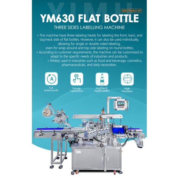 YM630 3 heads Fully Automatic Roll to Roll three sides Flat Square Bottle Labeler