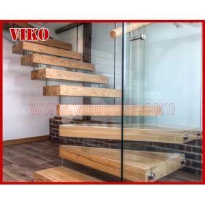 Floating Staircase VK48C Tempered Glass LED Light strip StringerBeech Tread