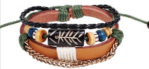 China Primitive tribes sided rotating fish bone beaded bracelet braided leather bracelet on sale
