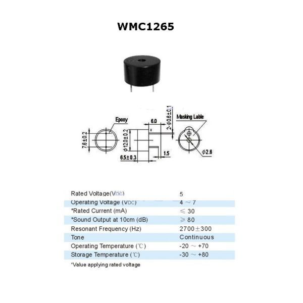 D12.0 x H6.5mm Continuous Tone Active 5v Piezo Buzzer / Car Indicator Warning Buzzer For Public Bike