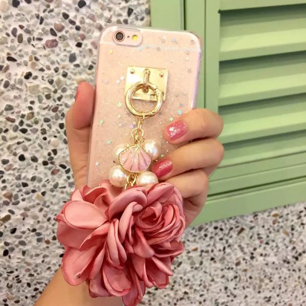 Soft TPU Pink&Blue Pearls Fancy Chain Cell Phone Case Back Cover For iPhone 6 6s Plus
