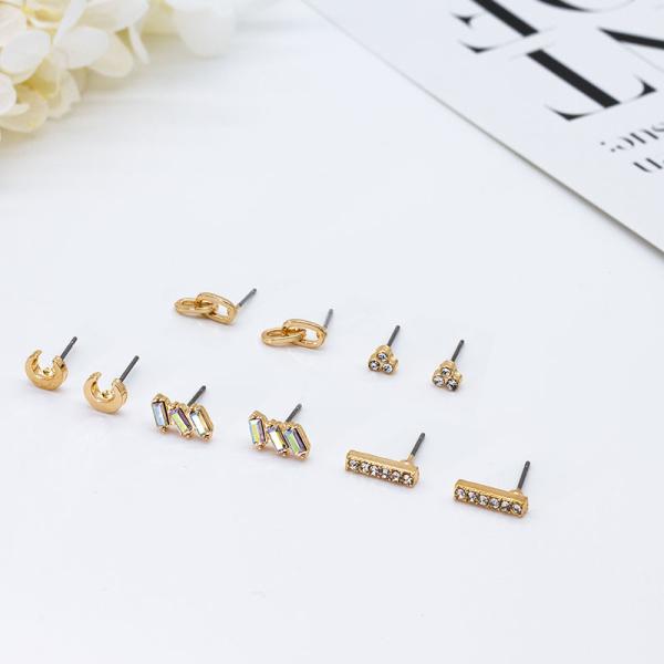 Quality Geometry Moon Ear Stud Gold 5 Pairs Per Set With Shiny Zircons for sale