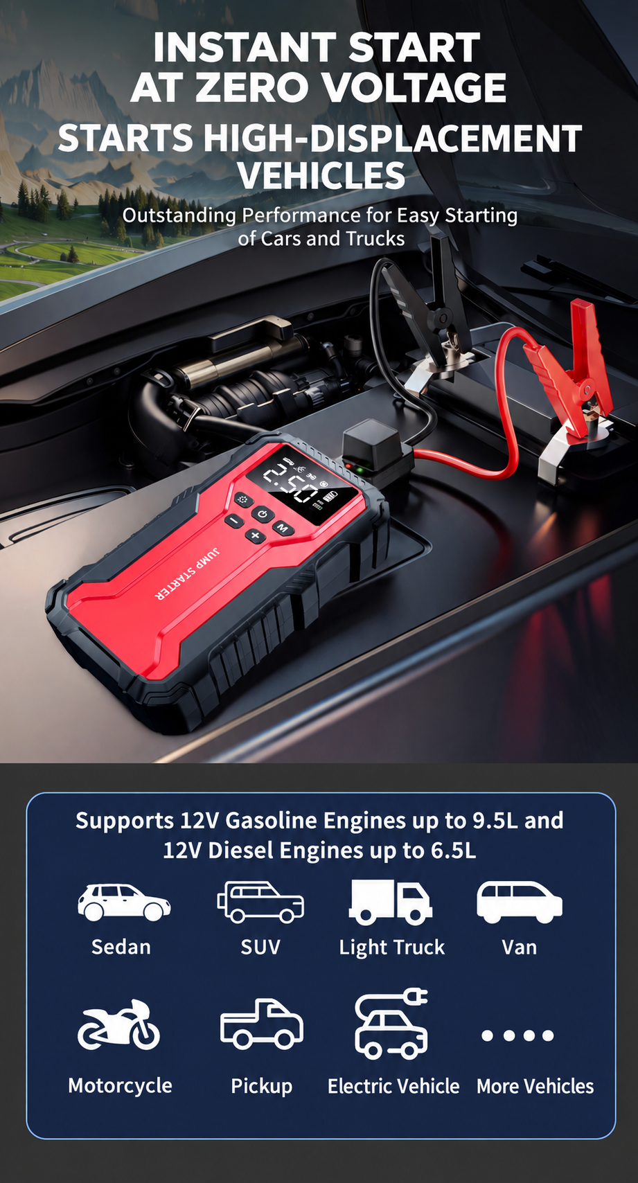 8000mAh 2000A Digital Car Jump Starter and Tire Inflator