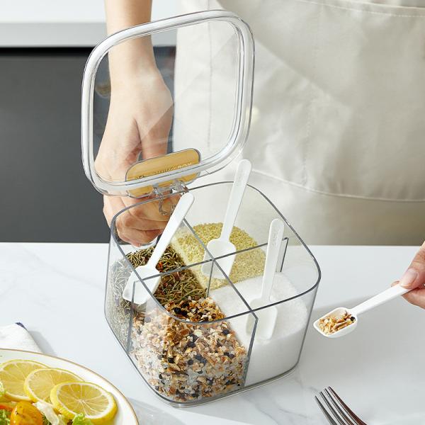 Quality 1 Set Seasoning Box 4 Compartment Spice Condiments Container With Spoon Multifunctional Storage Box for sale