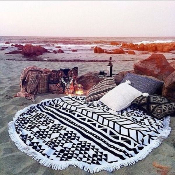 150CM 100% Cotton Roud Bohemia Printed Tassel Knitted Beach Towel Aztec round beach towel
