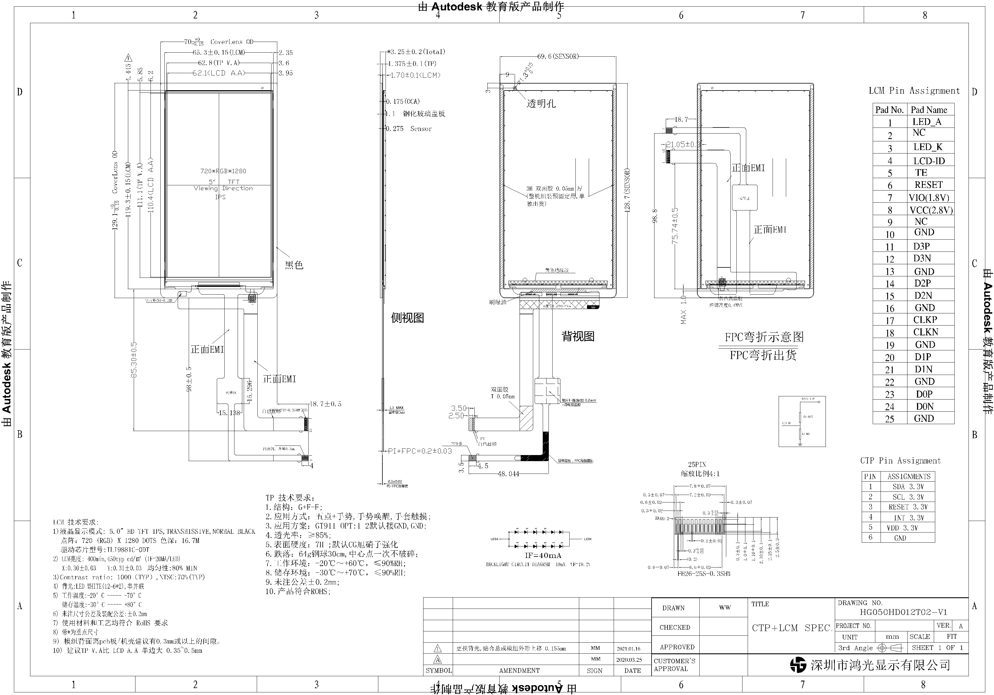 Resolution 720x1280 TFT LCD Touch Screen 5 Inch MIPI Interface