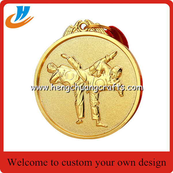 Polished gold Olympic games medals with ribbon, Olympics trophy and award medals