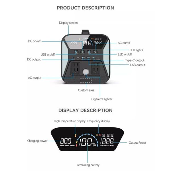 Solar Power Charging Emergency Power Supply 1000W 500w Outdoor