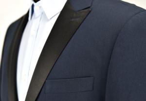 Slim Fit Mens Tuxedo Suit Navy Black Piping Anti Static ISO9001 Certification